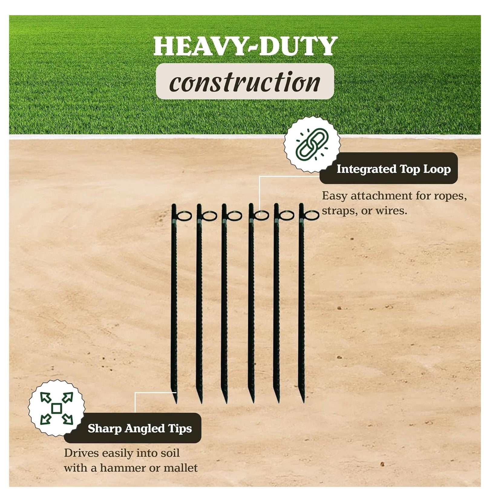 1/2" x 30" Stakes, Heavy-Duty Steel Ground Anchors with Loops for Tents, Tarps, Landscaping, Plants, and Outdoor Yard Support, 6 Pack