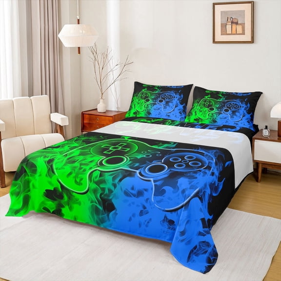 Erosebridal Teen Video Game Sheet Set Twin,Blue Greeen Bedding Sets Twin Size,Gamepads Gamer Twin Sheet Sets,Super Cozy Gradient Bedroom Decoration,3pcs
