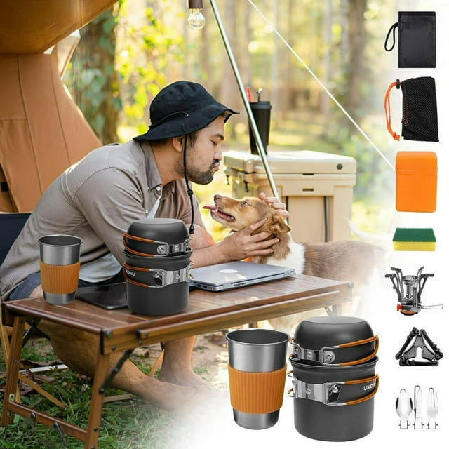 HLONK Camping Cookware Portable Mess Kit Compact Camping Pot and Pans Set Outdoor Cooking Utensils Kitchen Gear Lightweight Camping Cookware