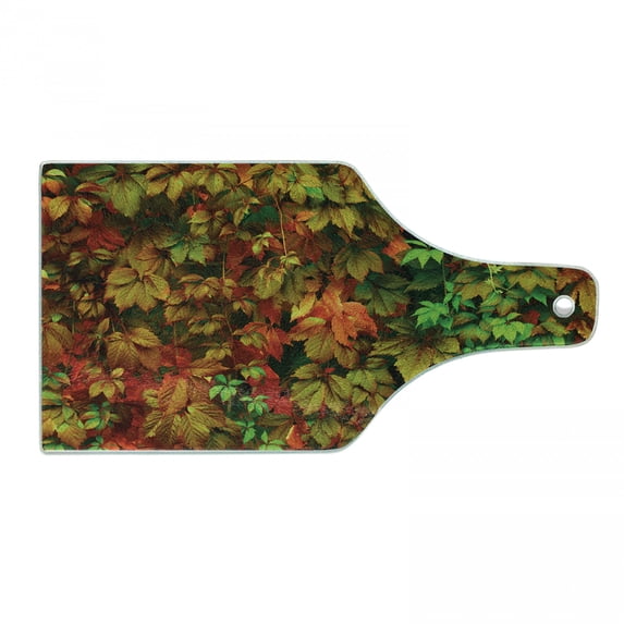Fall Cutting Board, Vivid Leaves of Fall Colorful Fresh Nature Leafage Change of Seasons Theme Image Print, Tempered Glass Cutting and Serving Board, Wine Bottle Shape, Multicolor, by Ambesonne
