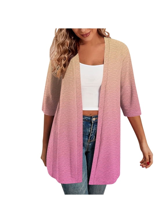 Women's Gradient Color Draped Front Open Cardigan Casual Half Sleeve Lightweight Cardigan Sweaters Duster 2024