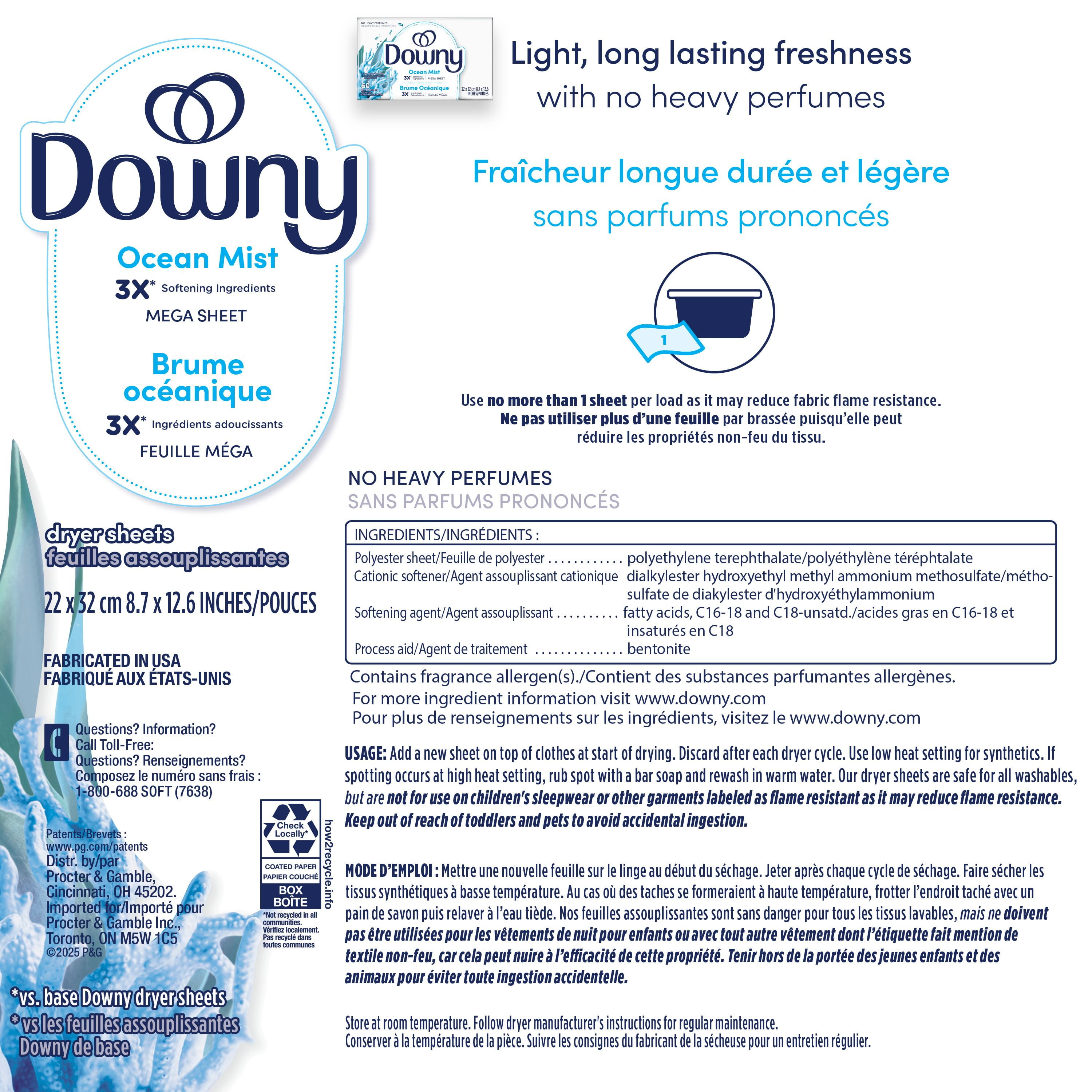 Downy Light Mega Dryer Sheets, Laundry Fabric Softener, Ocean Mist 120CT