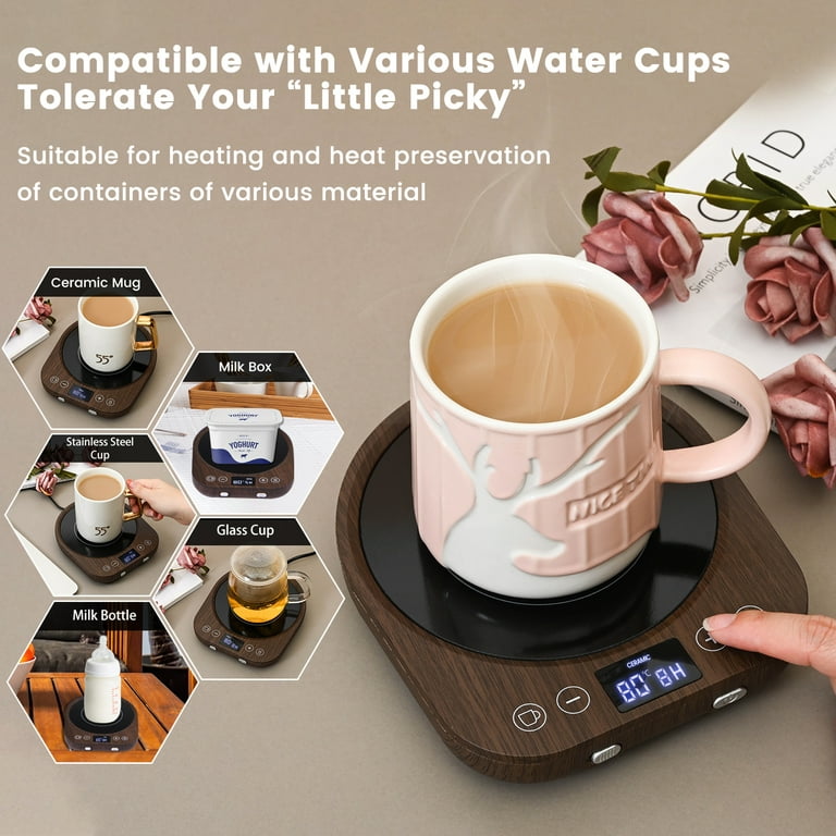 Pink Coffee Mug Warmer, Smart Coffee Cup Warmer for Desk Auto Shut Off with  Gravity Temperature Control Function and Cat and Cherry Flower Pattern