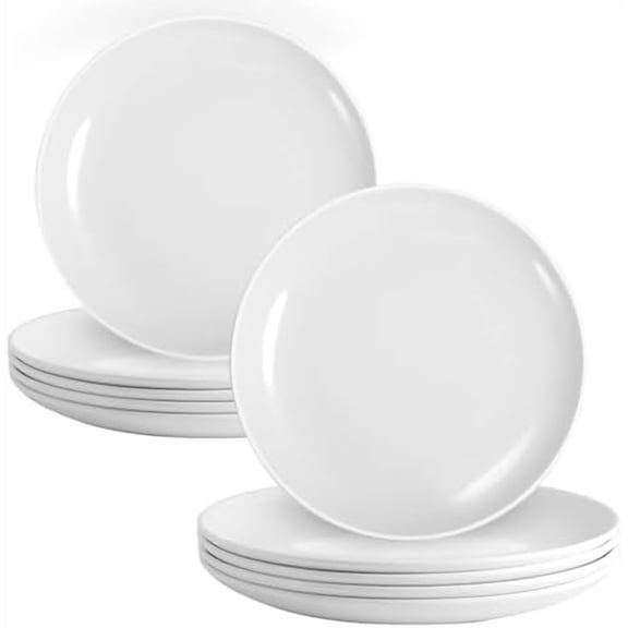 12 Pcs White Melamine Plates, 9 Inch Melamine Dinner Plates, Round Salad Plates, Reusable Dinnerware Dishes for Everyday Use, Indoor and Outdoor, Break-resistant