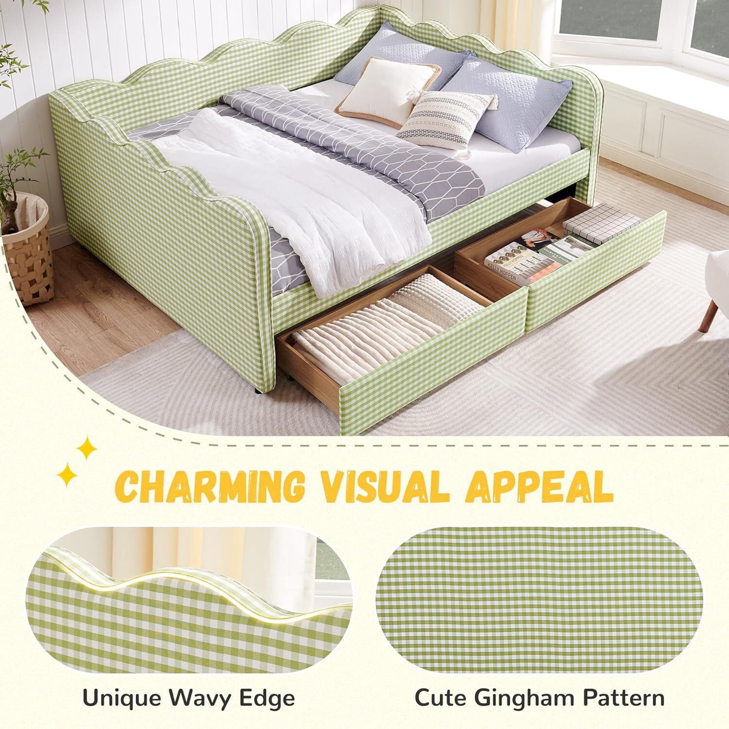avobird Cozy Gingham Daybed with 2 Storage Drawers Queen Size Sofa Bed for Living Room, Sleeper Sofa with USB Port and Adorable Wave Shaped, Linen Fabric, Green
