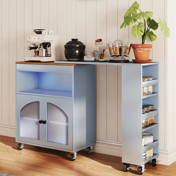 Kitchen Island, 2 Fluted Glass Doors MDF Lockable Wheels LED Light 2 USB Ports Kitchen Storage Cart For Apartment