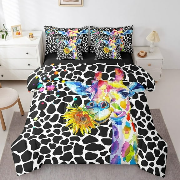 Rainbow Giraffe Bedding Comforter Sets 7 Pieces Cute Animal Bed in a Bag, Black and White Giraffe Print Twin Bedding Sets Hippie Tie Dye Slatters Comforter Set Street Graffiti Watercolor Bedding Sets