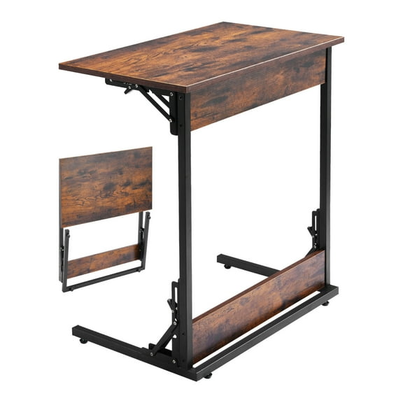 KFFKFF Folding C-Shaped End Table with Metal Frame & Adjustable Feet, Compact Foldable Side Table for Living Room, Bedroom, or Office, 23.62 x 14.57 x 27.56 inch TV Tray, Brown and Black