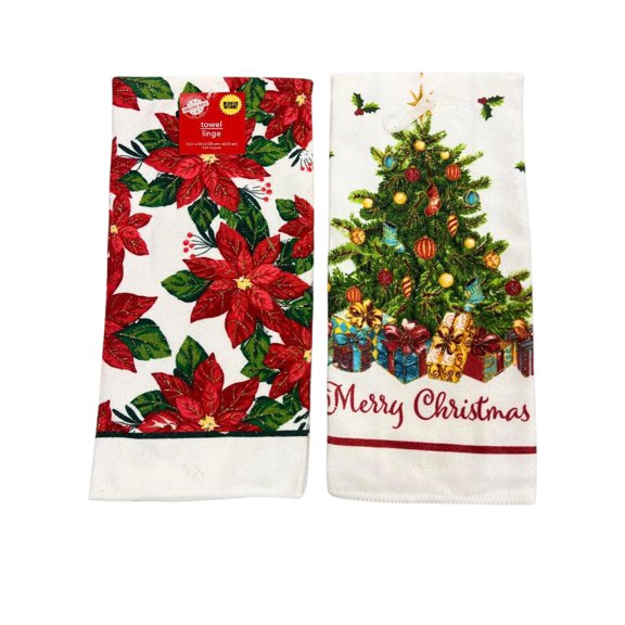 Greenbrier International, Inc. Set of 2 Merry Christmas Kitchen Towels Hand Towels Dish Towels Winter Towels - Includes 1 Glitter Christmas Tree Towel and 1 Poinsettia Plant Flower Towel1 C57