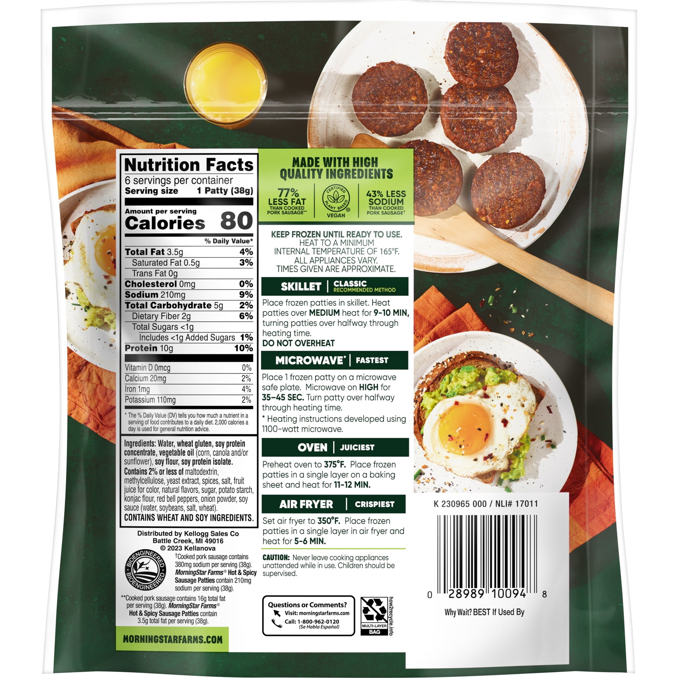 MorningStar Farms Veggie Breakfast Hot and Spicy Plant Based Sausage Patties, Vegan Meat, 8 oz, 6 Count (Frozen)