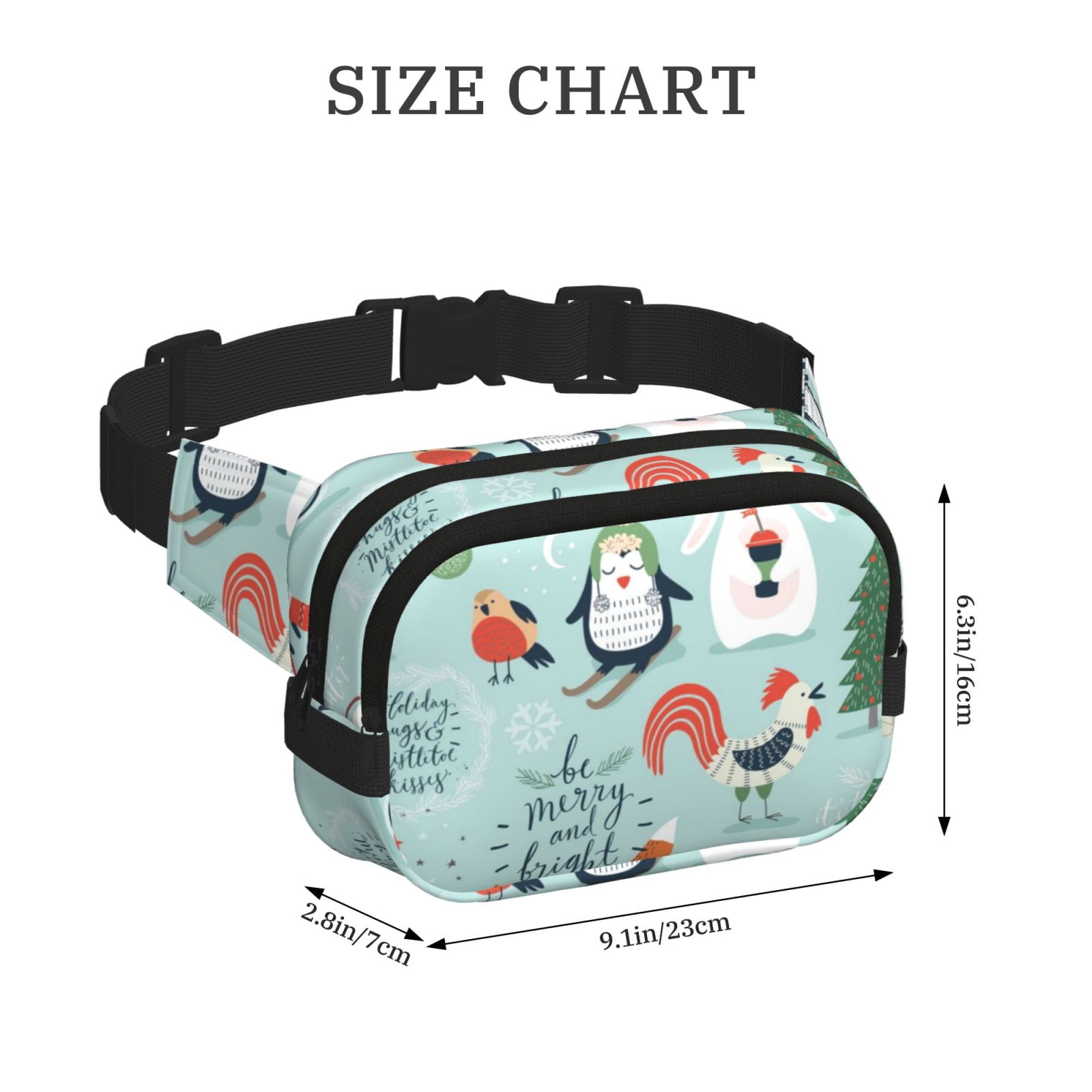 Picia Christmas Winter Animals Print Square Double-Layer Waist Bag Mini Adjustable Waist Belt Bag Exercise Running Travel Hiking