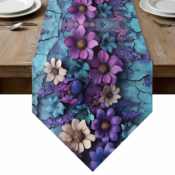 Purple Flowers Table Runner Linen Burlap Table Runner 90 Inches Long Spring Vintage Walls Pastoral Country Dresser Scarves for Kitchen Island Coffee Dining Party Wedding Banquet Holiday Decor 13"x90"
