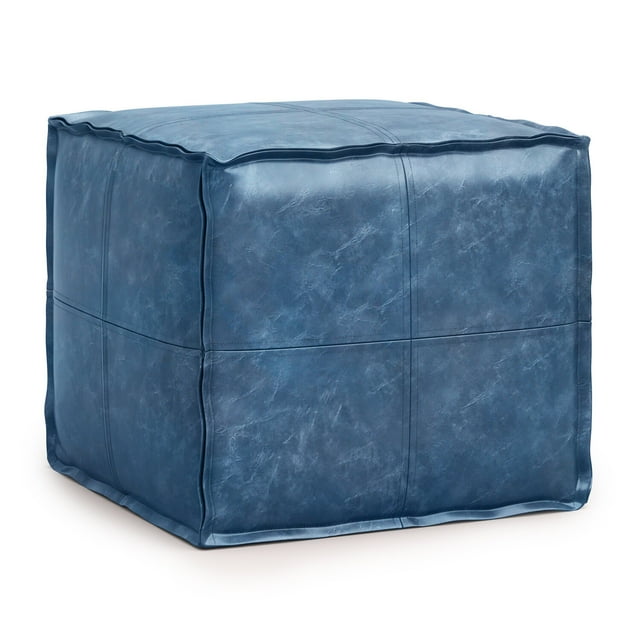 SIMPLIHOME Brody Square Pouf, Footstool, Upholstered in Distressed Blue Faux Leather, for the Living Room, Bedroom and Kids Room, Transitional, Modern