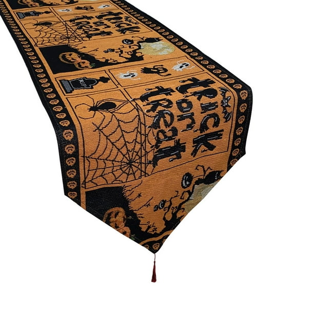4 piezas de mantel de Halloween con borlas, mantel con estampado de murciélago y gato de calabaza para decoración de cenas de fiesta de Halloween