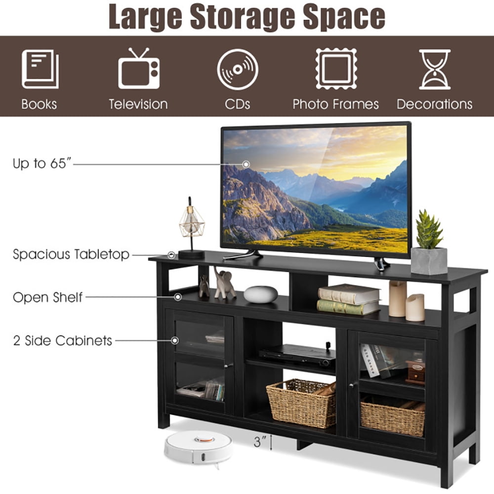 Finihen TV Stand, TV Cabinet, 58 Inch TV Stand Entertainment Console Center with 2 Cabinets, Media Entertainment Center with Storage, for Living Room, Bedroom, Black