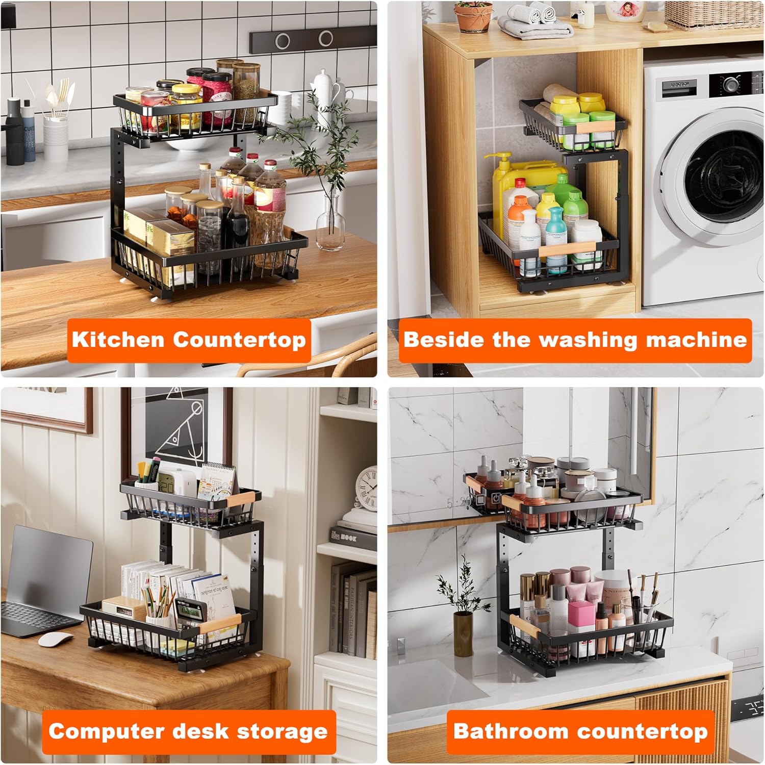 Under Sink Organizer, 2 Packs 2 Tier Under Sink Organizers and Storage, Slide Out Pull Out Cabinet Organizer Shelf, Metal Sliding Drawer for Kitchen Bathroom Pantry Cabinet Closet Organization Rack