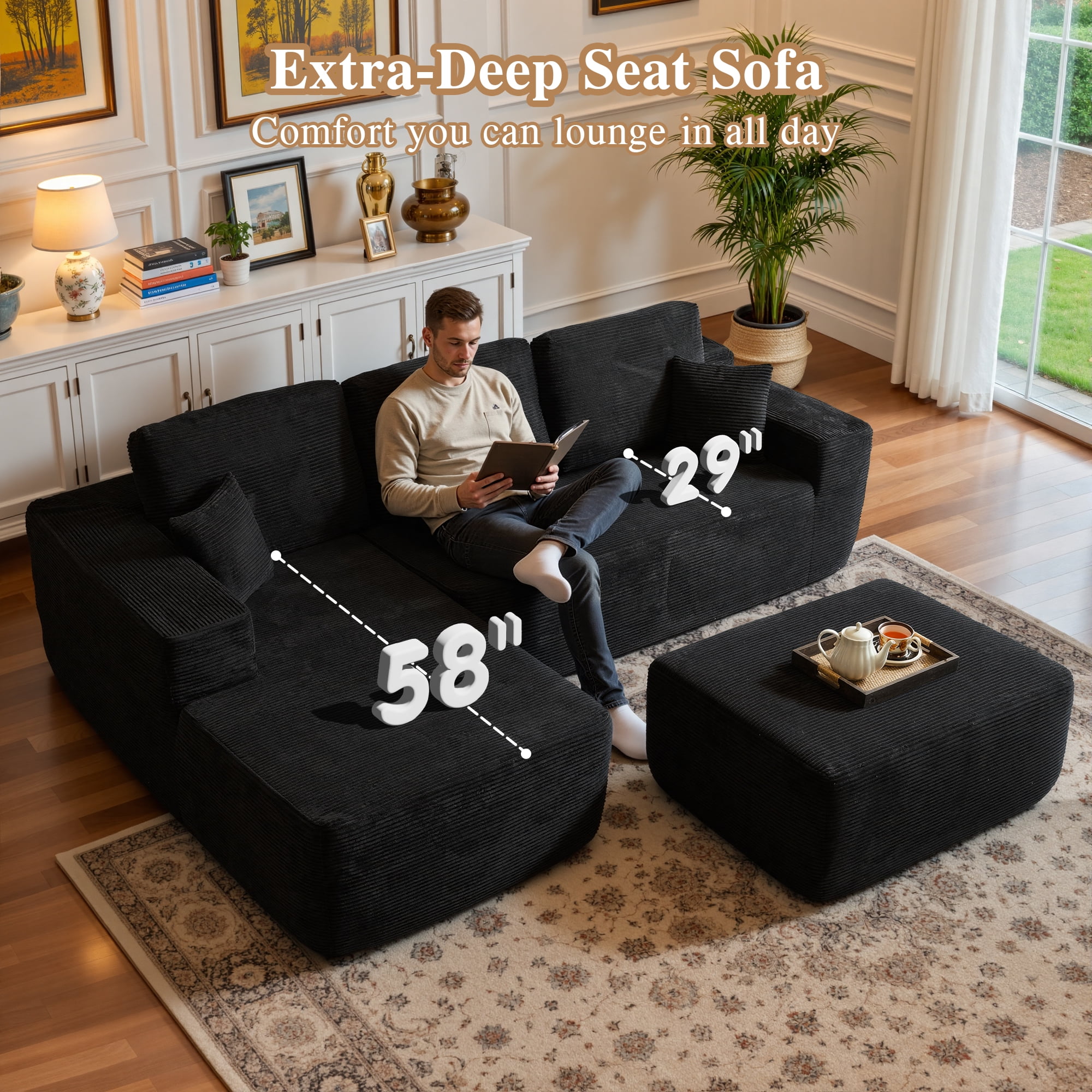 Ovios 106" Cloud Sofa Couch No Assembly Boneless Deep Seat Sofa with Ottoman for Living Room, Black (Corduroy)