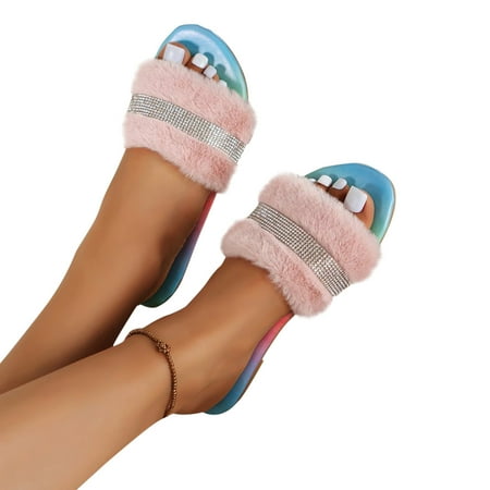 

WQJNWEQ Sandals Women Flat Heel Multicolor Plush Slip-on Open-toe Slip-ons