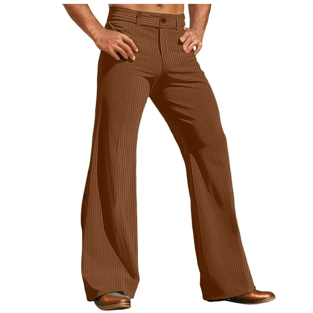 Pantalones acampanados de pana para hombre: color liso informal, diseño con múltiples bolsillos, cintura elástica para uso profesional o vacacional.
