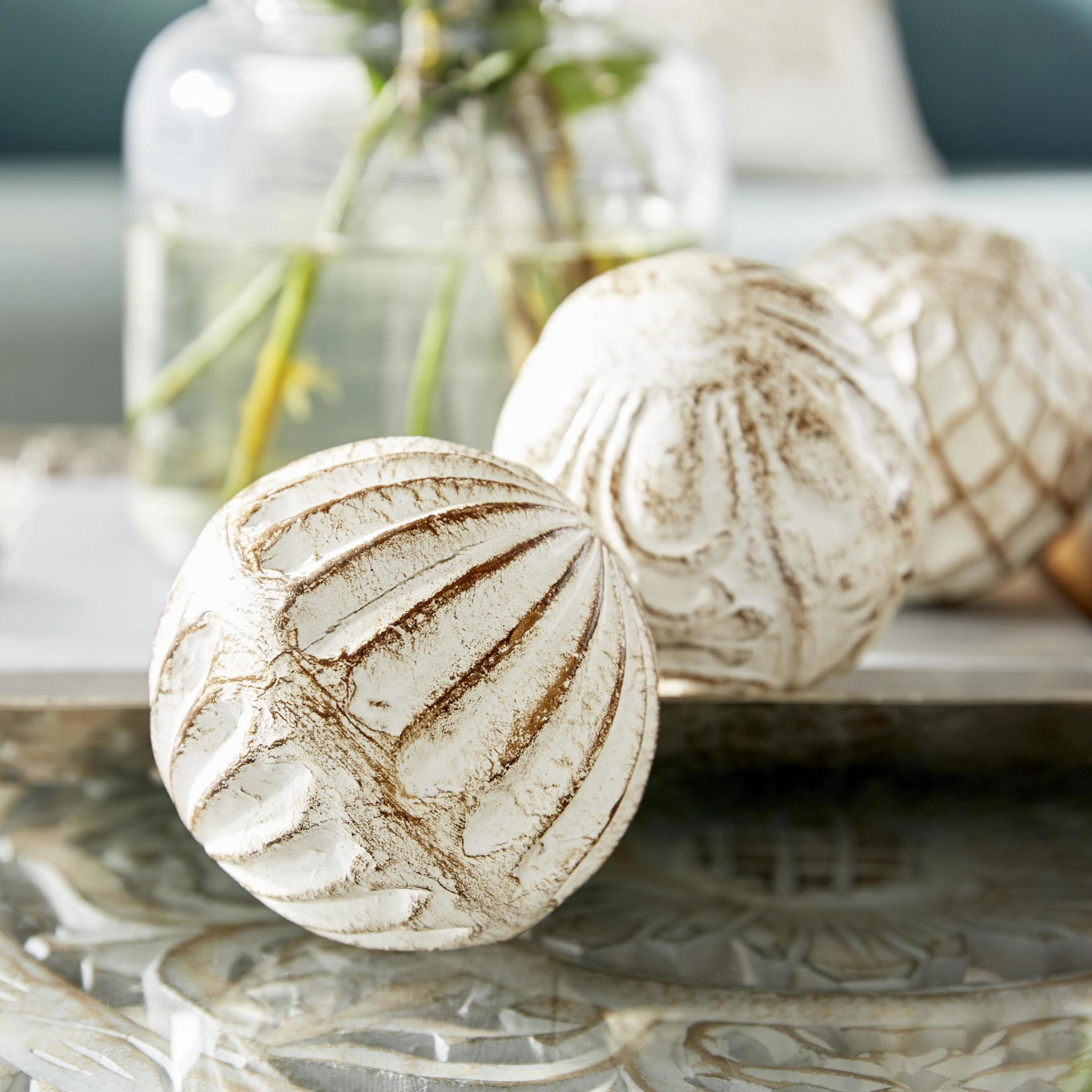 DecMode White 4" Handmade Carved Ceramic Orbs & Vase Filler with Varying Patterns (4 Count)