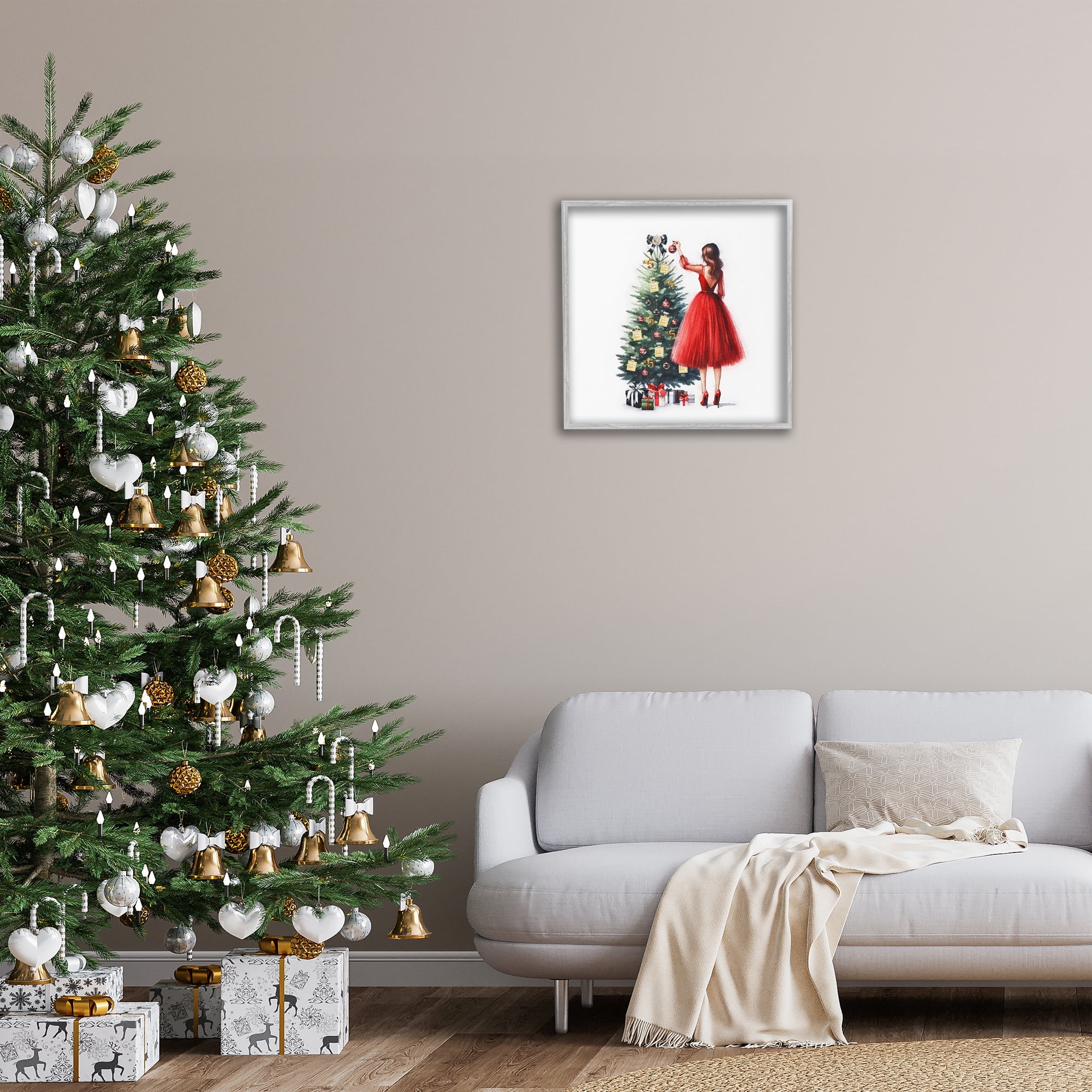 Stupell Industries Fashion Tree Ornaments Holiday Painting Gray Framed Art Prints Wall Art, 24 x 24