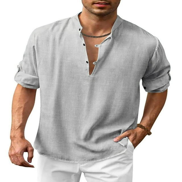 Men‘s Henley Shirt Solid Color Long Sleeve Stand Collar Button-Down Loose Simple Linen Beach Tops