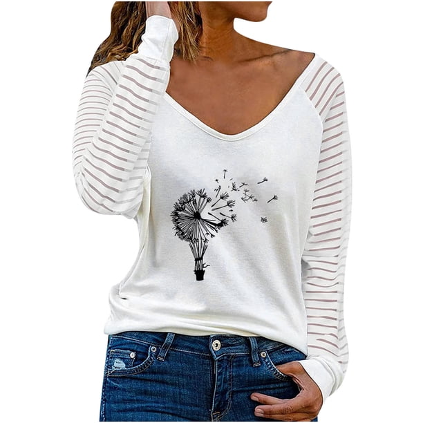 Camisas Para Mujer, Camiseta de Manga Larga Con Cuello en V de Moda de Gran Tamaño, Blusa Suelta Con Estampado de Otoño, Tops Odeerbi ODB130623
