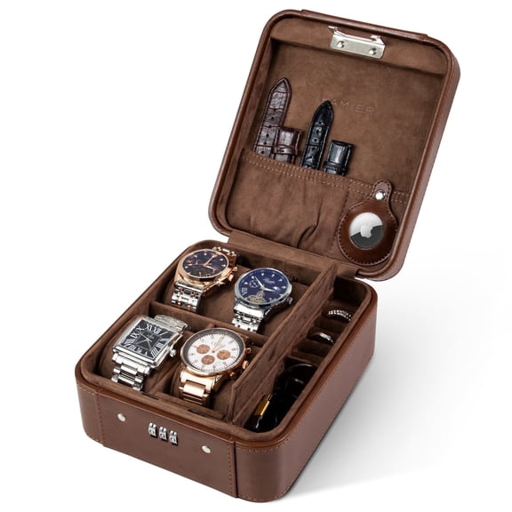 KAMIER Watch Case with Combination Lock - 4 Watch Storage and Jewelry Organizer - Watch Travel Case for Ring and Watch Storage, PU Leather Travel Watch Case, Ideal for Gift (With Gift Box), Brown