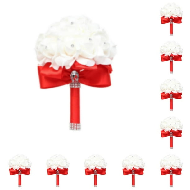 Qarigey Hermoso ramo de flores artificiales - Flores elegantes y con estilo Ramo de novia Decoración de boda Cinta roja brillante Cinta roja brillante 10piezas