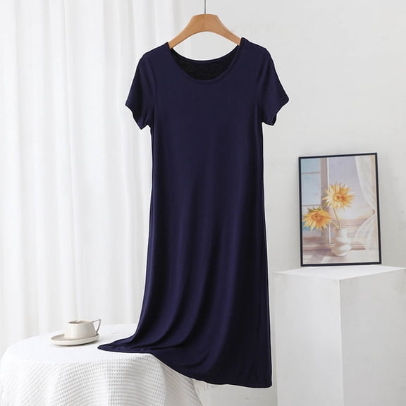 BUIGTTKLOP Nightgowns for Women Short Sleeve Nightshirts Round Neck Mid Length Pajamas Dresses Ladies Soft Sleepwear