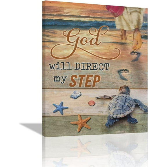 Christian Jesus Walking Wall Art Beach Coastal Sea Turtle Jesus Footprint Pictures Wall Decor Religious Spiritual Canvas Prints Painting Framed Artwork for Bedroom Bathroom Living Room 12"x16"