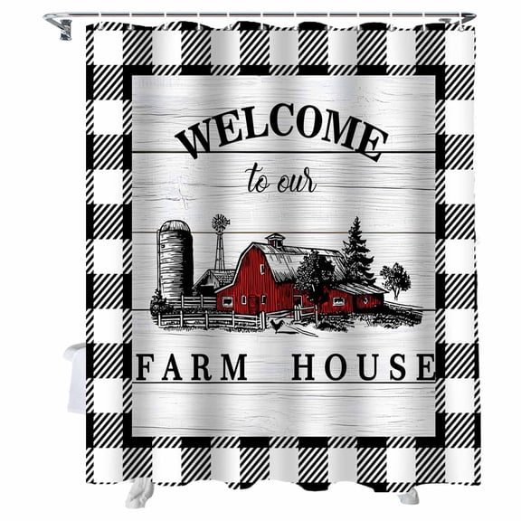 Shower Curtains Red Barn Wood Grain Bath Curtain Black Buffalo Plaid Waterproof Bathroom Shower Curtain Set with Hooks Decoration 36 x 72 Inches