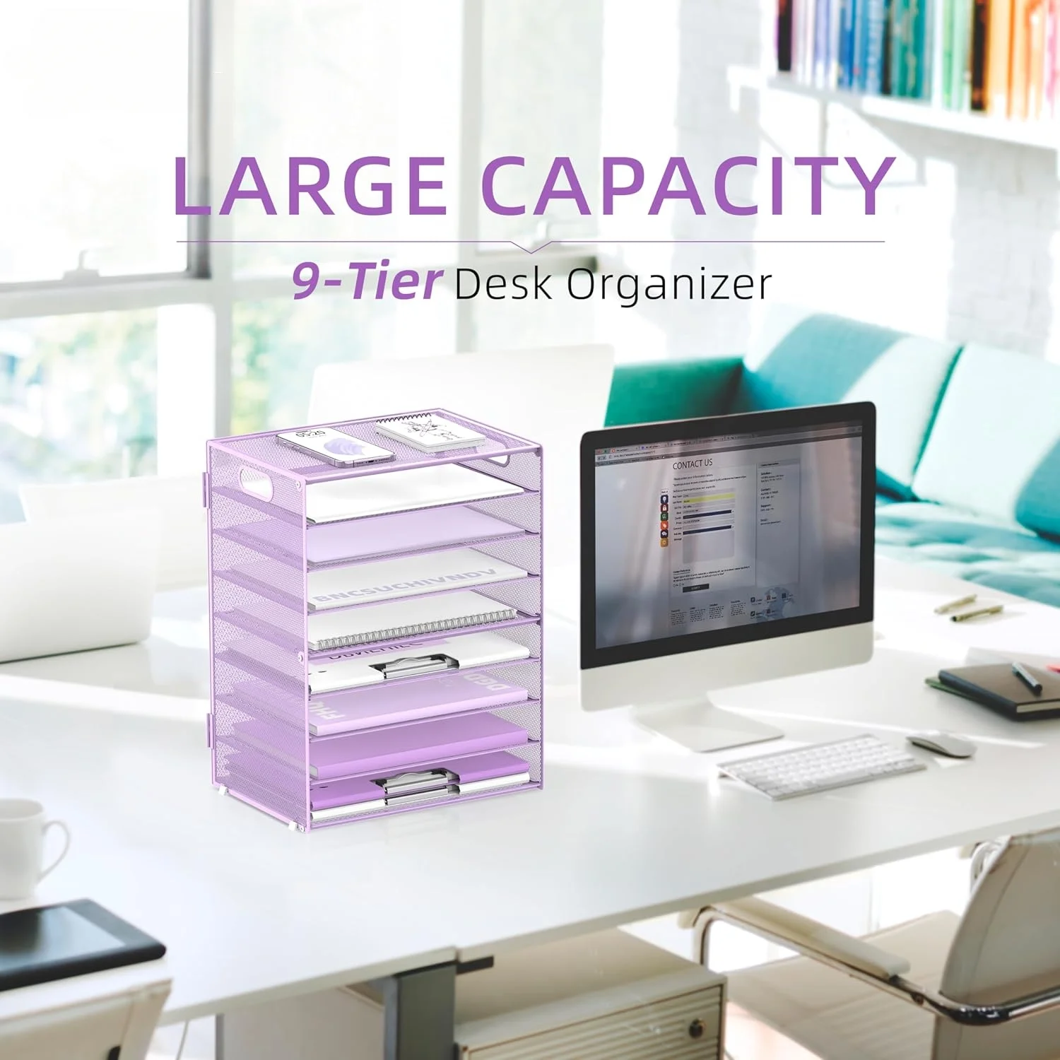 INTIGE 9-Tier Mesh Desktop Organizer with Handles, File Holder Organization, Purple, 1 Piece