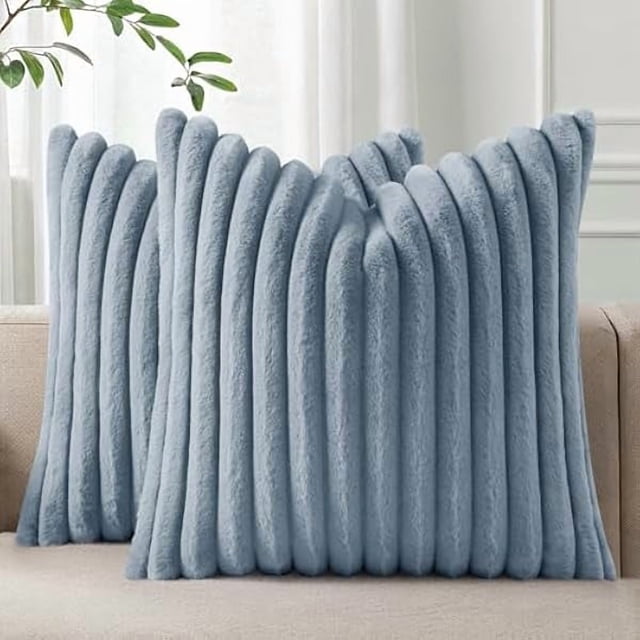 Chenchen Faux Fur Plush Throw Pillow Covers 16x16 Set of 2, Luxury Soft Fluffy Striped Decorative Pillow Covers for Sofa, Couch, Living Room, Blue Grey