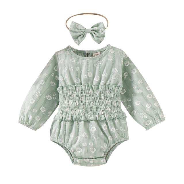 Gibobby Mameluco niño Conjunto de diademas con estampado Floral de manga larga para niñas pequeñas(Verde, 6-9 Meses)