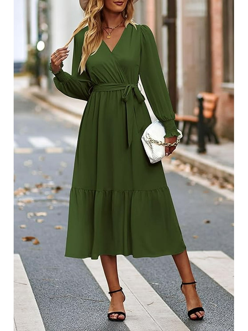 Prettygarden Women's Maxi Dress Fall Long Sleeve Wrap V Neck Ruffle Flowy Belted Spring Wedding Guest Vacation, Size: Medium, Green