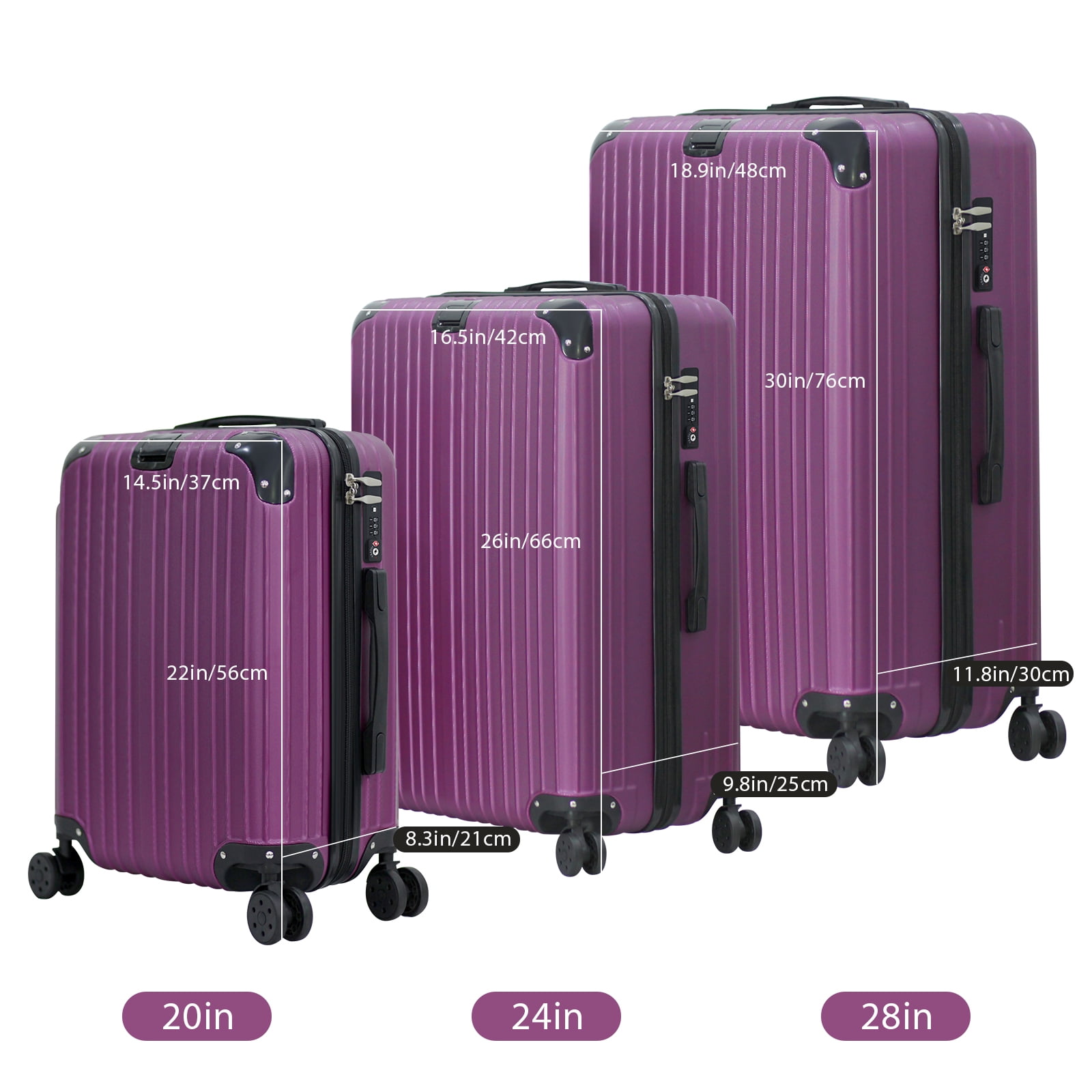Luggage 3-Pieces Set ABS Durable Suitcase Megenta 20"24"28"