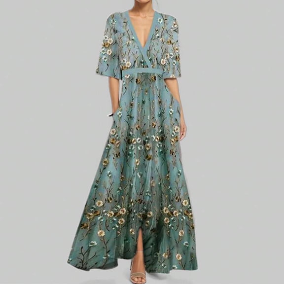 Blue-Gray Floral Embroidered Satin Wrap Maxi Dress V-Neck 3/4 Sleeve A-Line Evening Gown