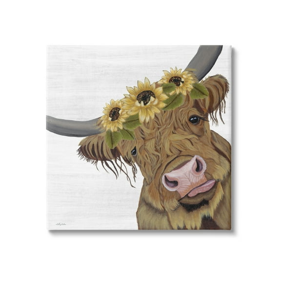 Stupell Cute Highland Cattle Sunflower Crown Animals & Insects Painting Gallery Wrapped Canvas Print Wall Art