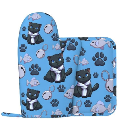 

Oven Mitts and Pot Holders Sets - Classic Katong Cat Fish Blue Heat Resistant Silicone Oven Gloves (Left Glove) with Non-Slip Silicone Surface and hot pads for kitchen Baking Cooking