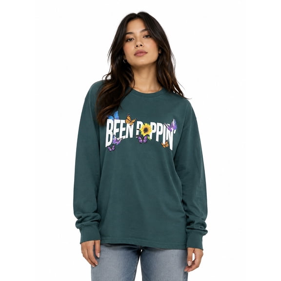 Been Poppin Butterfly Green Women's Long Sleeve T-Shirt (Medium)