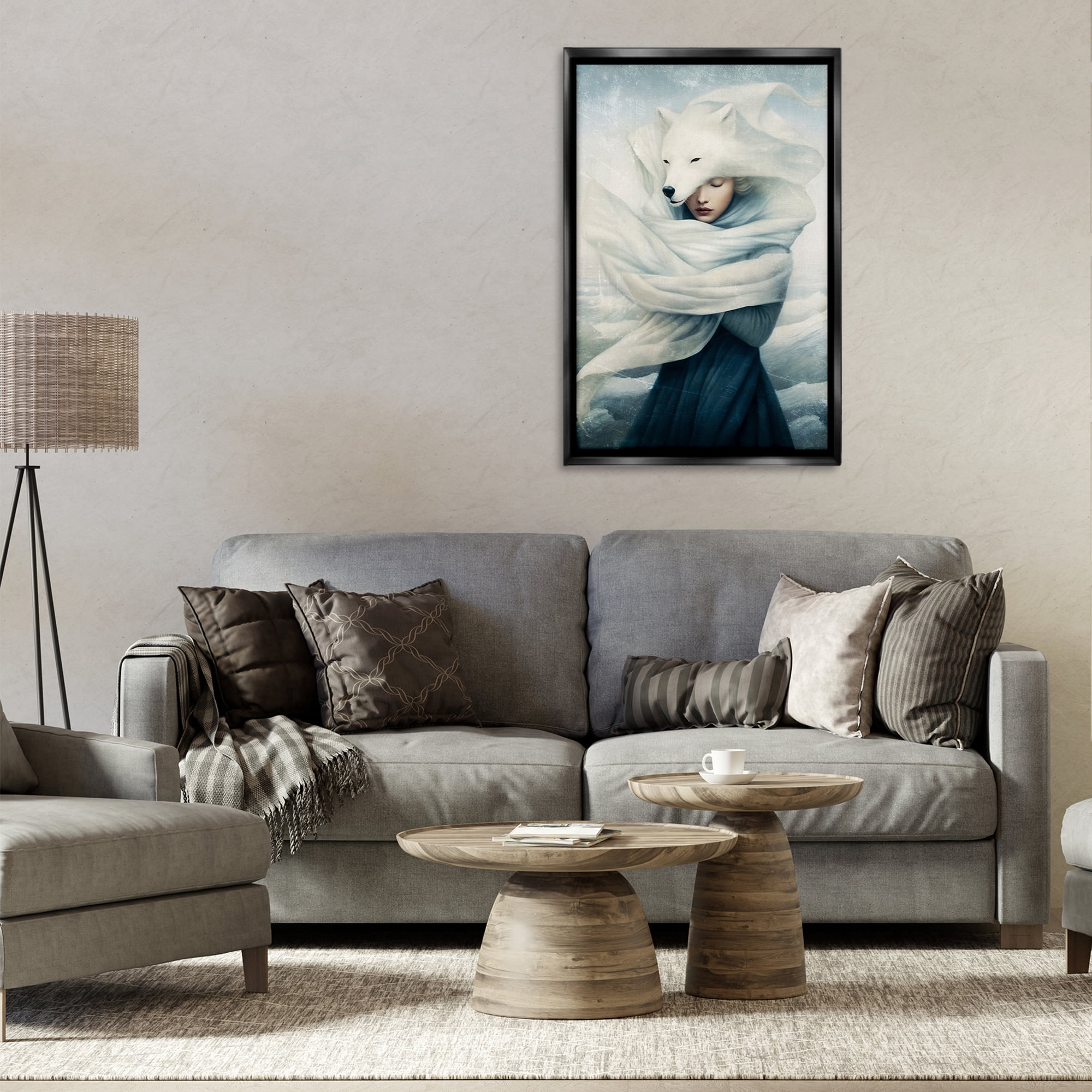 Stupell Industries Wolf Swathed Woman People Painting Black Floater Framed Canvas Art Print Wall Art, 21 x 31
