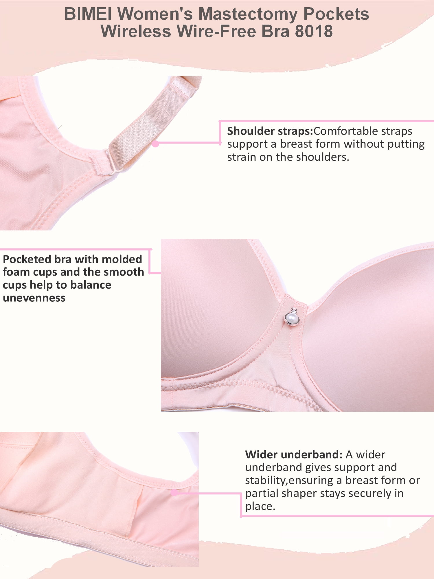 BIMEI Mastectomy Bra with Molded Foam Cups,T Shirt Bra for Women, Everyday Pocketed Seamless Wire Free Bra, Smoothing for No-Show Lines,Light Beige,38B