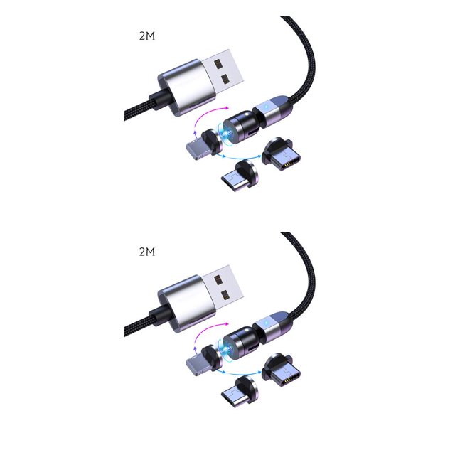 Methold Cable de succión magnética para USB Carga rápida Cabeza redonda Opcional 3 EN 1 Enchufe para plata 2M 2piezas