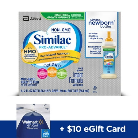 Free $10 Walmart eGift Card with purchase of Similac Pro-Advance Infant Formula with 2’-FL HMO for Immune Support, Ready to Feed Newborn Bottles, 2 fl oz (Pack of