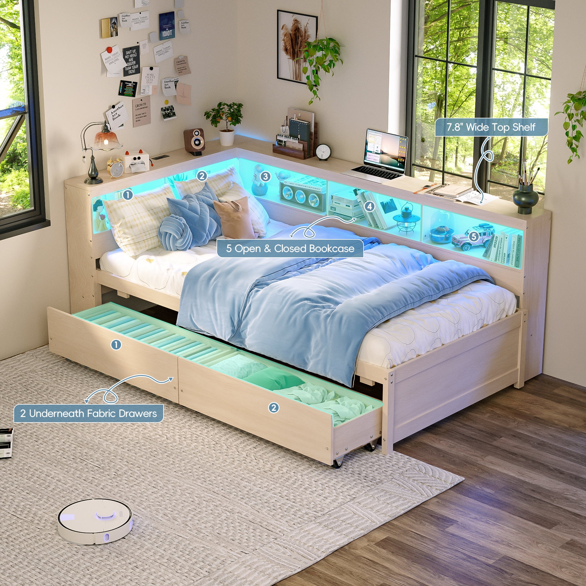 Joywind Twin Corner Bed Frame with Storage Drawers, Bookcase Headboard, Charging Station & LED Lights,Natural