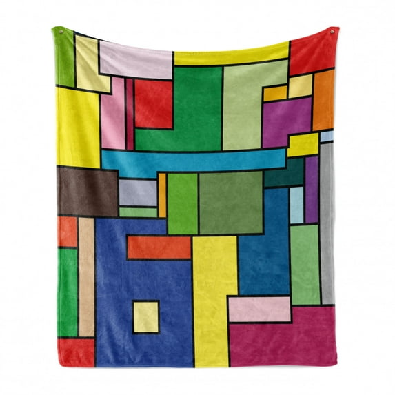 Art Soft Flannel Fleece Throw Blanket, Vivid Geometric Shapes Construct in Mondrianesque Manner Cubic Artwork Squares Lines, Cozy Plush for Indoor and Outdoor Use, 50" x 60", Multicolor, by Ambesonne