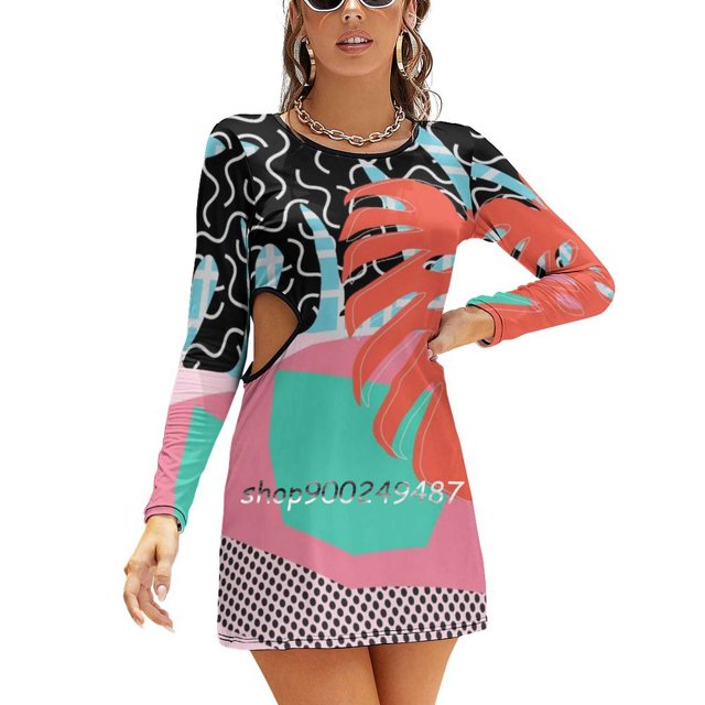 Robe Évasée Tropicale Motif Palmier / Abstrait Memphis Col Carré Robe Élégante Mode Féminine Imprimée Mi-Longue