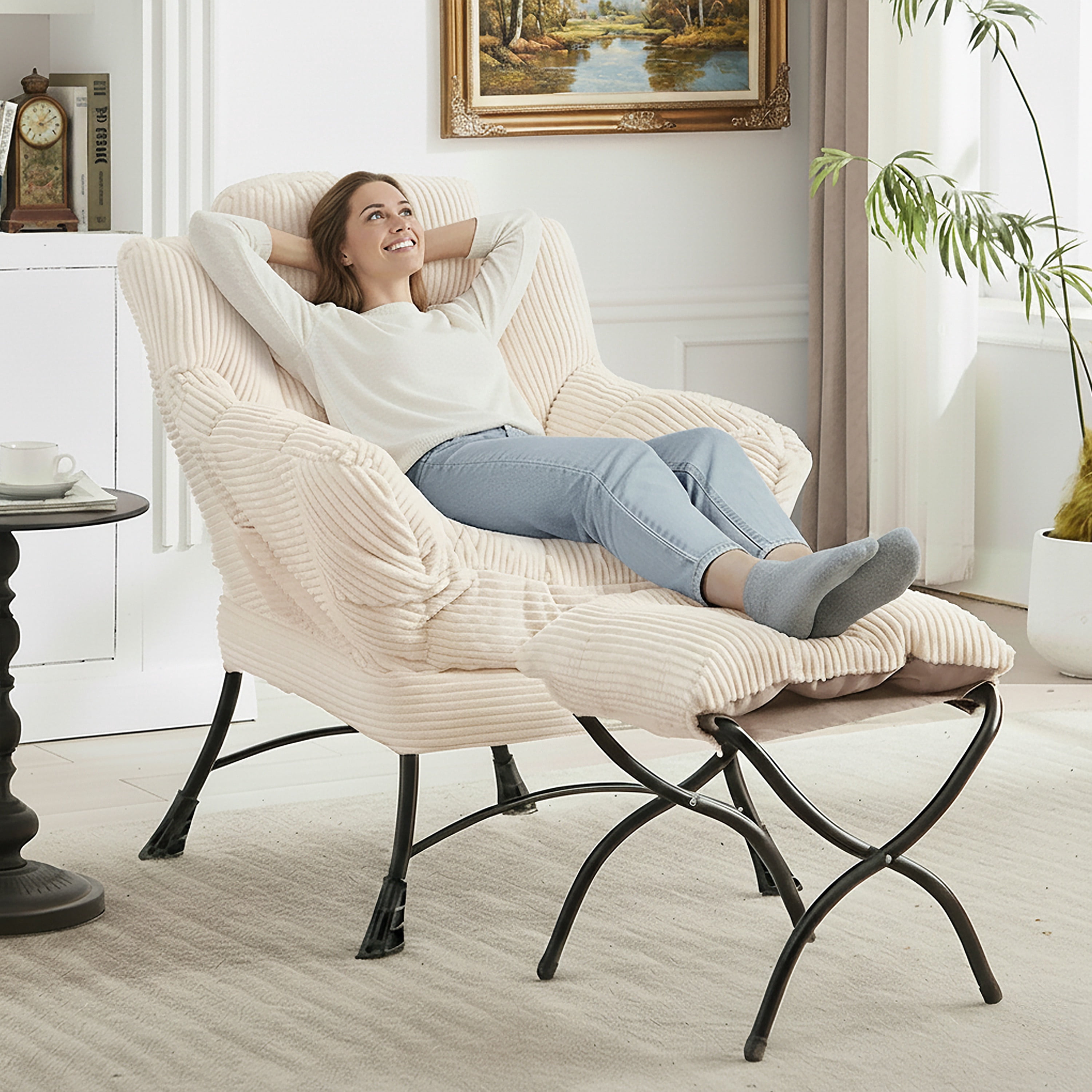 PAPROOS Lazy Chair with Foldable Ottoman, Flannelette Fabric Accent Chair and Footrest Stool Set, Comfy Lounge Arm Chair with Footstool Set, Reading Chair Leisure Sofa Chair for Living Room, Brown