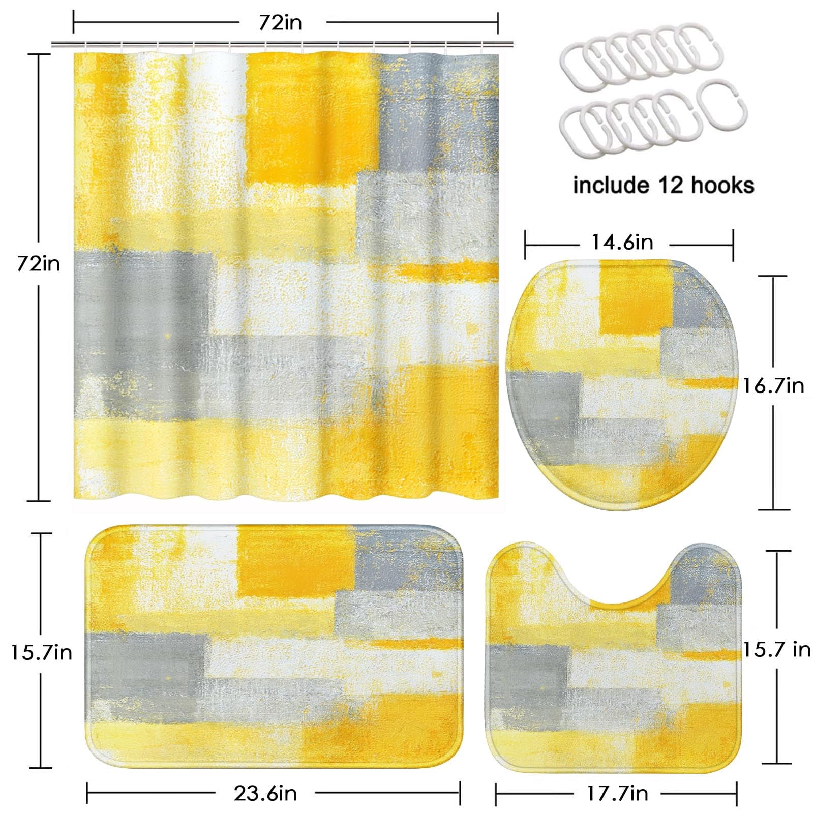 4 Pcs Shower Curtain Set Yellow Grey Abstract Painting Gray Vintage Retro with Non-Slip Rugs Toilet Lid Cover and Bath Mat Bathroom Decor Set